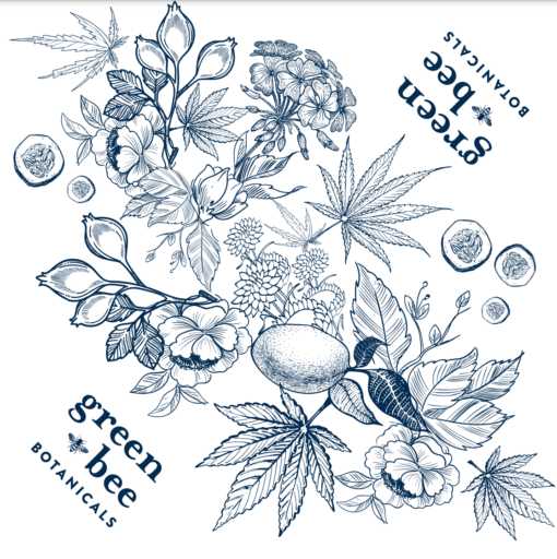 Green Bee Botanicals artwork for their cotton bandanas. Color options include natural (off white) and cornflower blue.